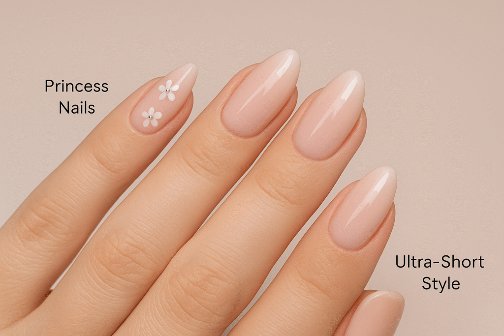 Princess Nails on ultra-short natural nails in soft pink tones