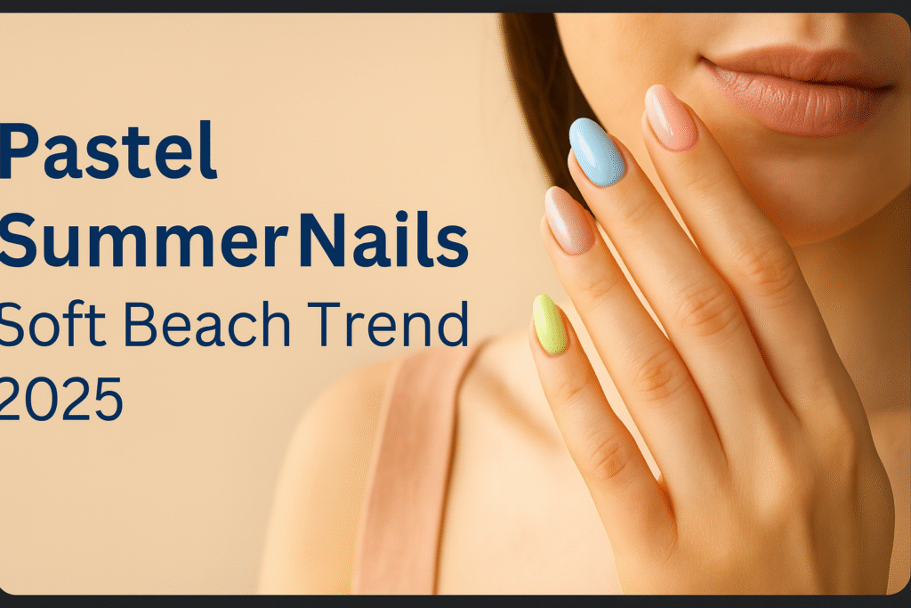 Pastel summer nails in soft beach-inspired tones, featuring BIAB nail design and short, wearable styles