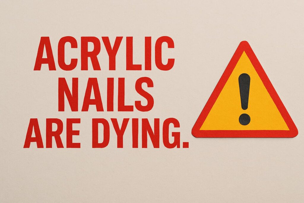 Acrylic Nails Are Dying warning sign graphic with red text and exclamation triangle on neutral background, symbolizing shift away from acrylic nail systems