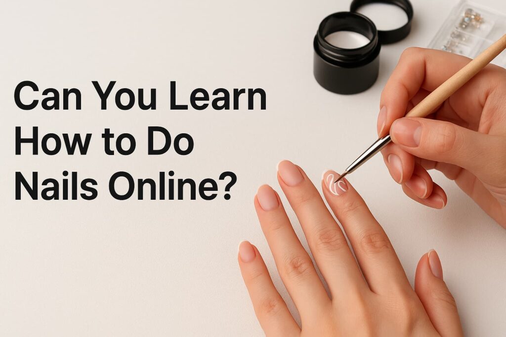 Close-up of a person painting nails with a fine brush during an online nail learning tutorial, showing natural manicure with white nail art.