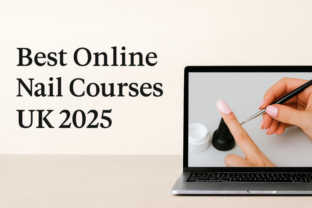 Best Online Nail Courses UK 2025 – Nail Blog UK comparison guide with laptop showing online nail training video, practice hand, BIAB gel and nail tools