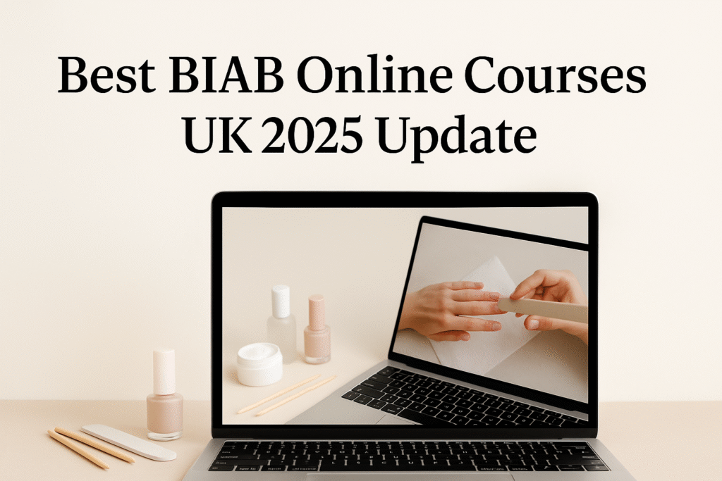 Best BIAB Online Courses UK 2025 – Nail Blog UK header image with laptop showing online nail theory lesson and BIAB nail tools arranged around it