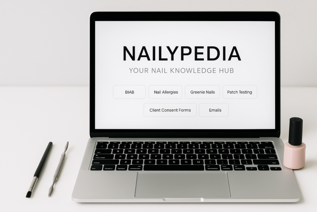 Laptop showing Nailypedia – online nail knowledge hub with guides on BIAB, nail allergies, greenie nails, patch testing, and client consent forms, surrounded by nail tools and polish bottle