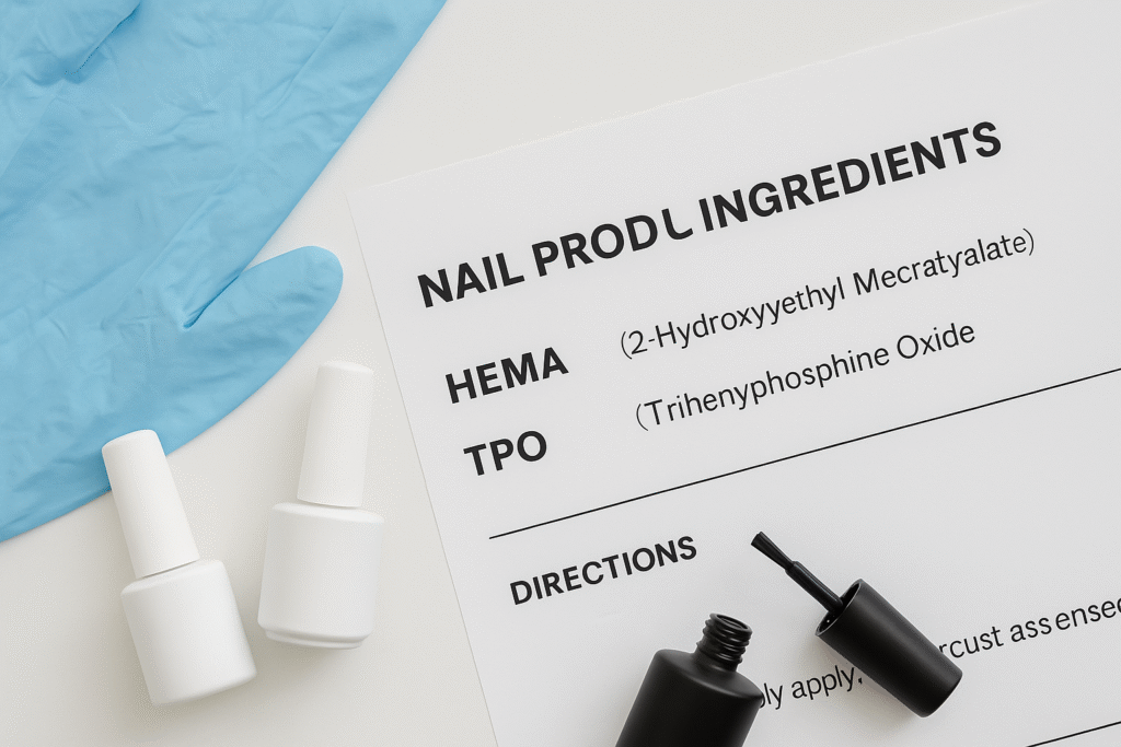 Flat lay of nail products, nitrile gloves, and a product label listing HEMA and TPO as ingredients in nail products.