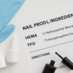 Flat lay of nail products, nitrile gloves, and a product label listing HEMA and TPO as ingredients in nail products.